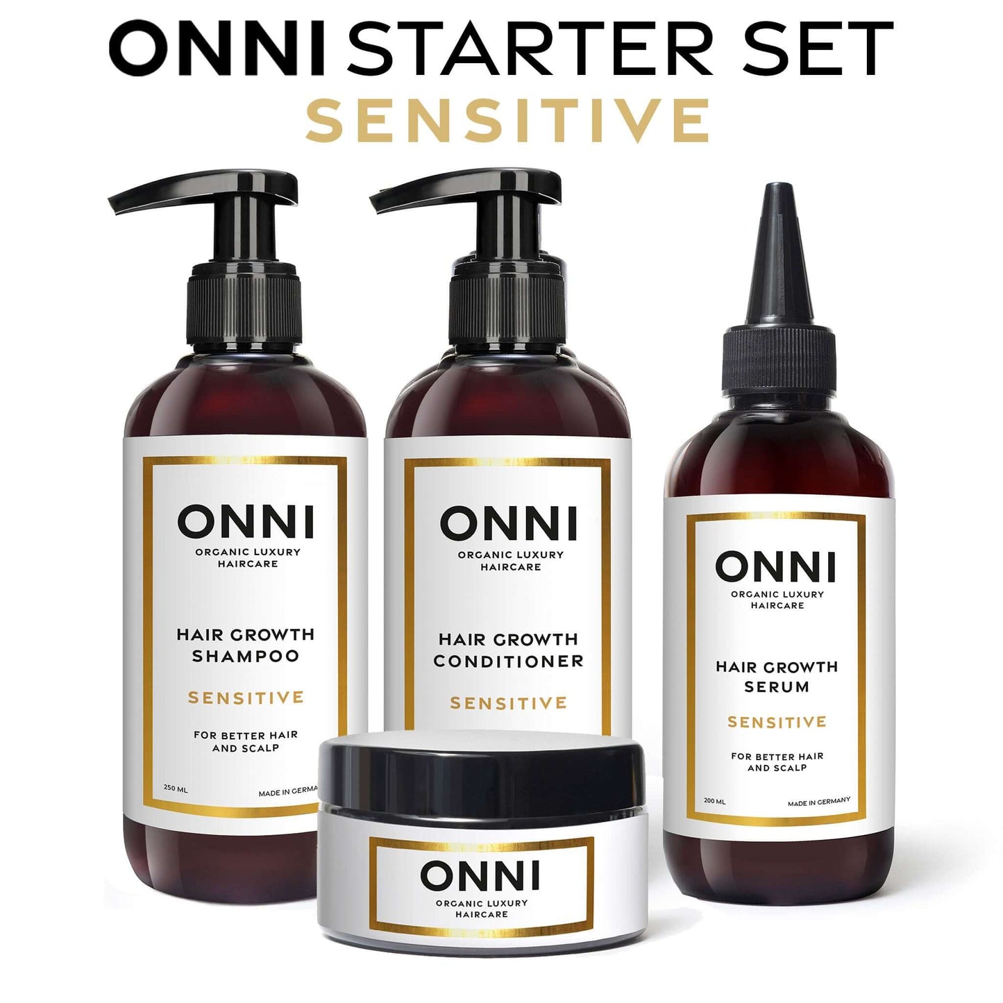 ONNI Sensitive Starter Set featuring shampoo, conditioner, and serum for fine hair and sensitive scalp care.