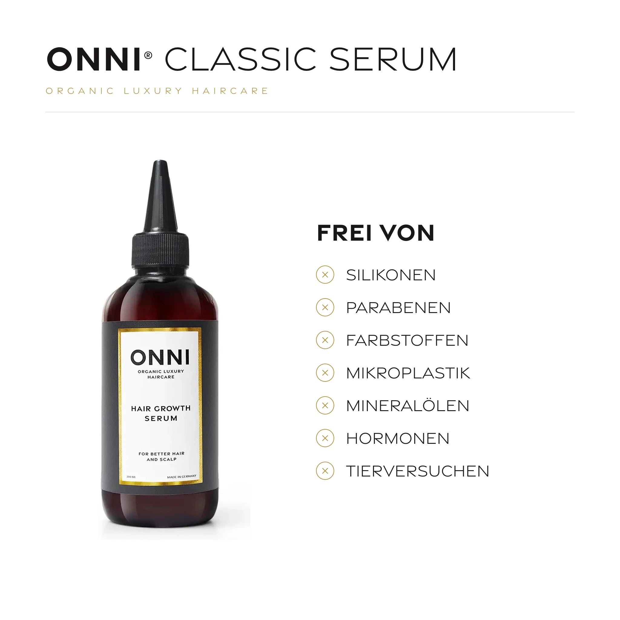 ONNI CLASSIC SERUM frei von Silikonen, Parabenen, Farbstoffen, Mikroplastik, Mineralölen, Hormonen und Tierversuchen