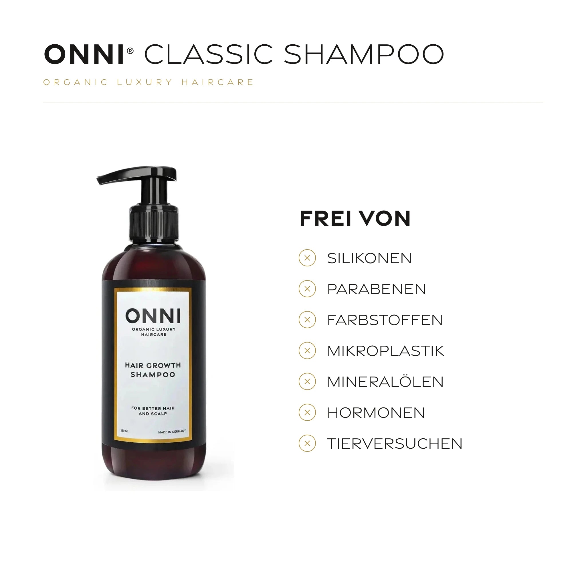 ONNI CLASSIC SHAMPOO frei von Silikonen, Parabenen, Farbstoffen, Mikroplastik, Mineralölen, Hormonen und Tierversuchen