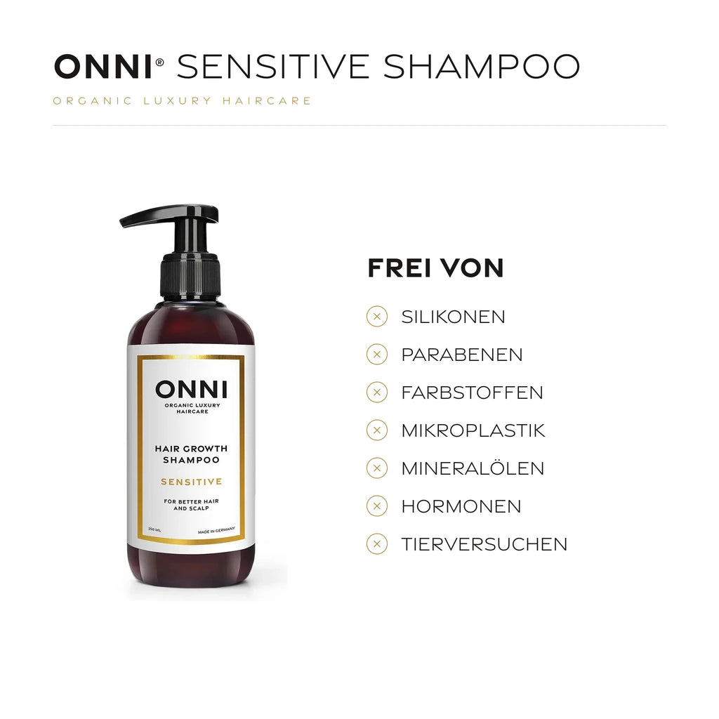 ONNI SENSITIVE SHAMPOO frei von Silikonen, Parabenen, Farbstoffen, Mikroplastik, Mineralölen, Hormonen und Tierversuchen