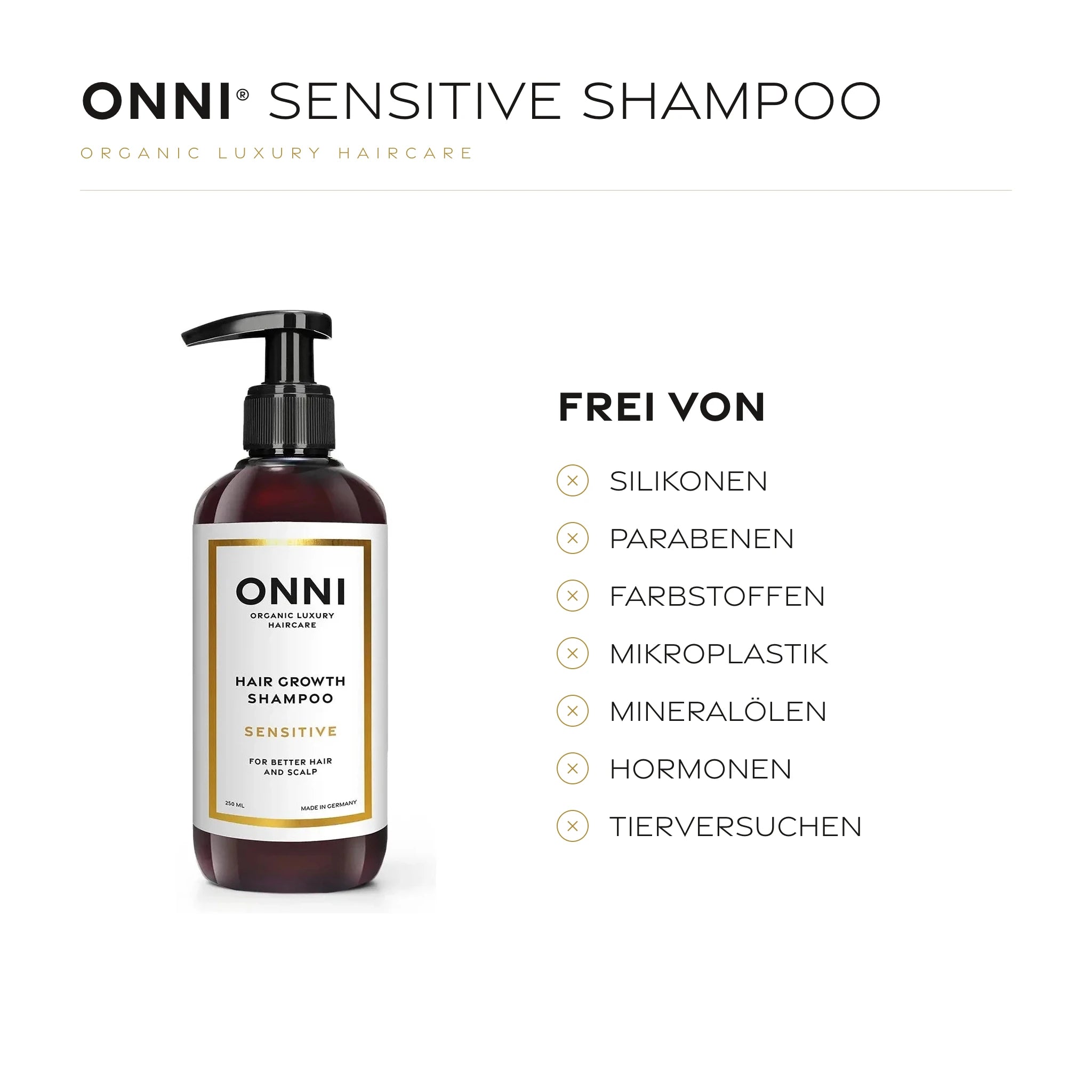 ONNI SENSITIVE SHAMPOO frei von Silikonen, Parabenen, Farbstoffen, Mikroplastik, Mineralölen, Hormonen und Tierversuchen